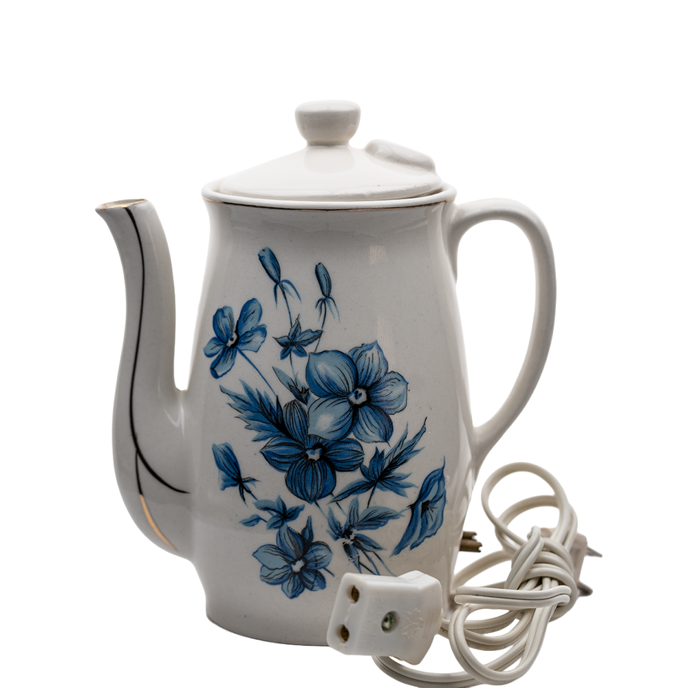 Japanese Porcelain Electric Teapot – Blue Floral Mid‑Century