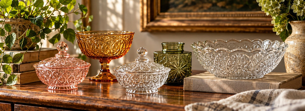 Vintage-inspired pressed glass bowls and covered dishes in a warm, collected interior