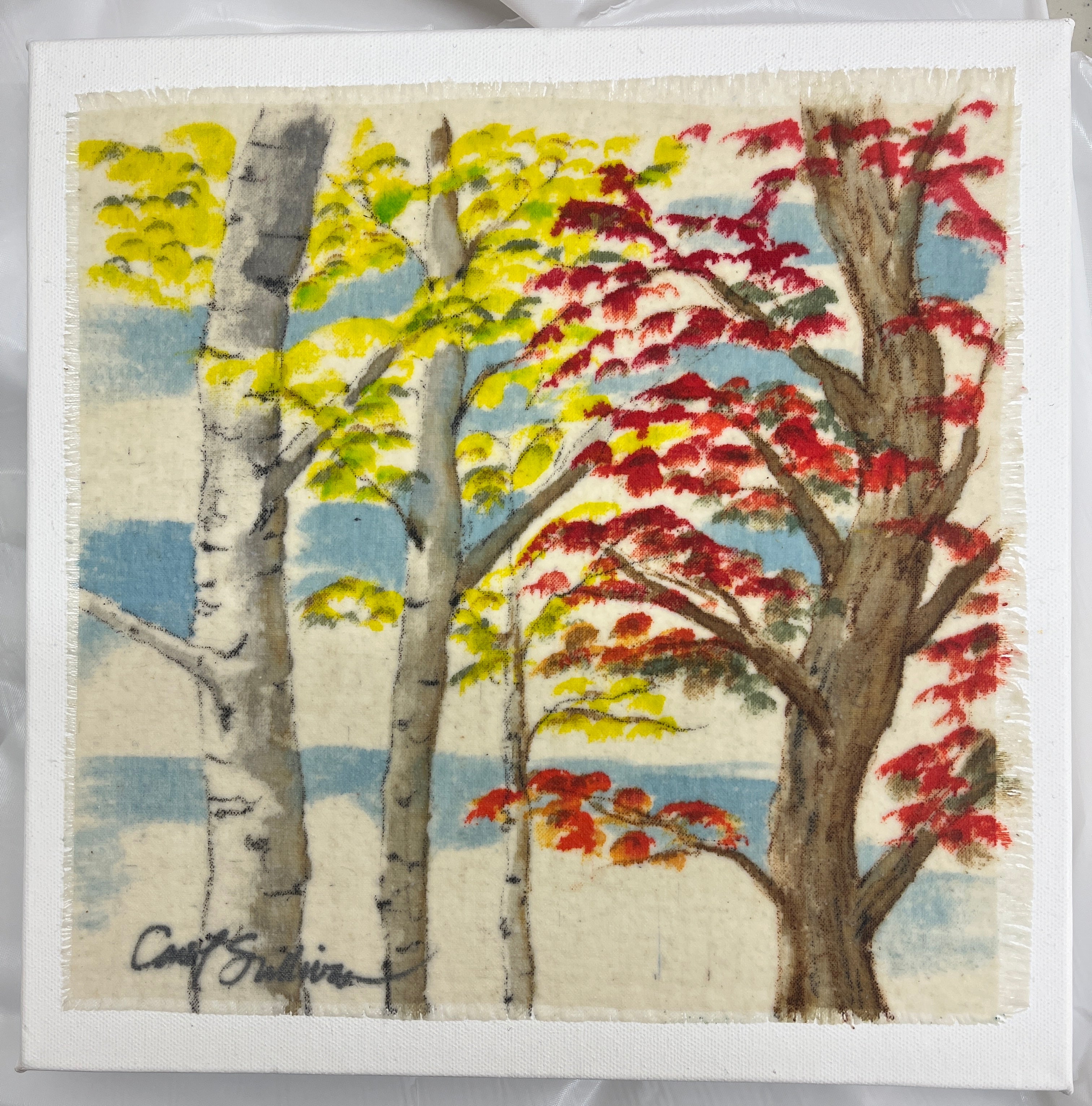 "Autumn Birch and Maple" - Painting on Raw Silk