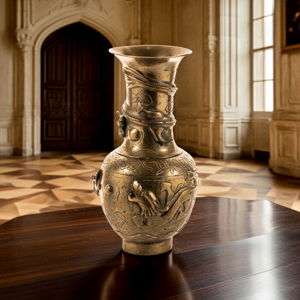 Chinese Brass Dragon Vase – High‑Relief Early 20th‑Century Accent