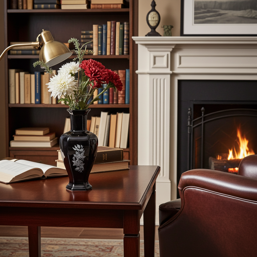 Black Amethyst Glass Vase with Enamel & Mother of Pearl Inlay — 7.75"