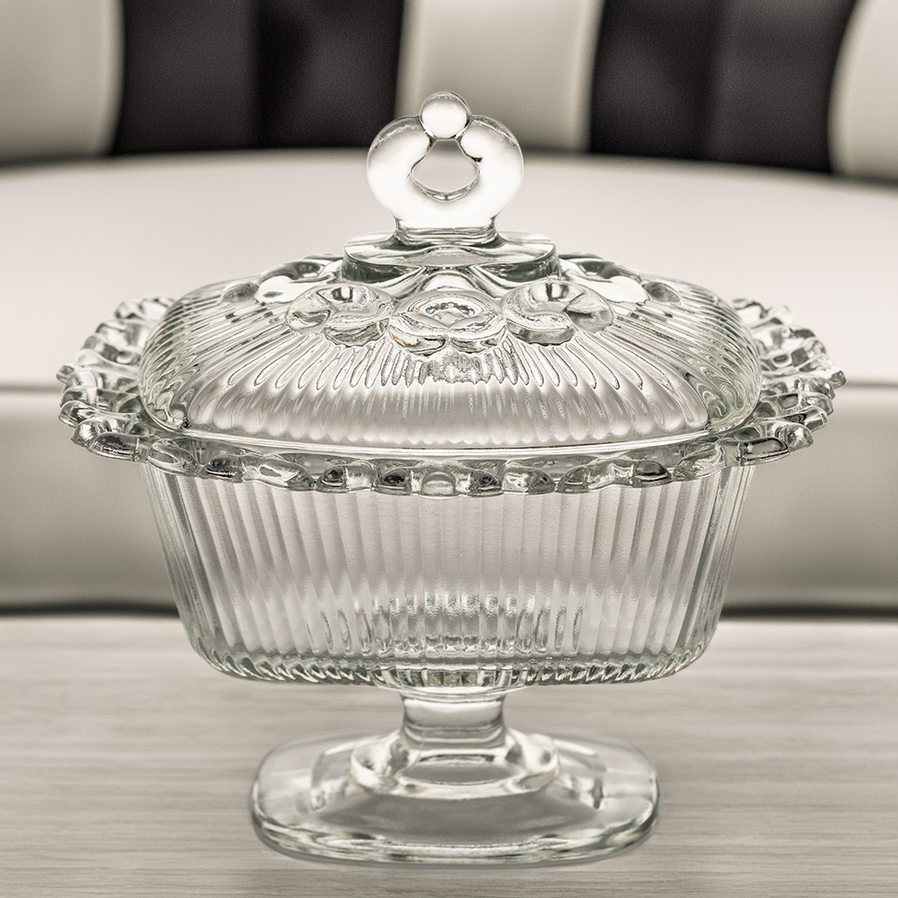 Indiana Glass Open Lace Rim Pedestal Candy Dish with Lid