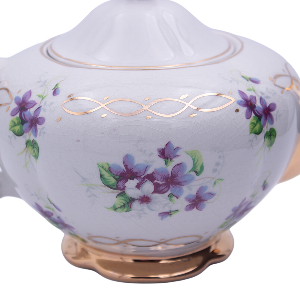 Théière en porcelaine Ellgreave Staffordshire, motif violet, 15 cm, glaçure blanche