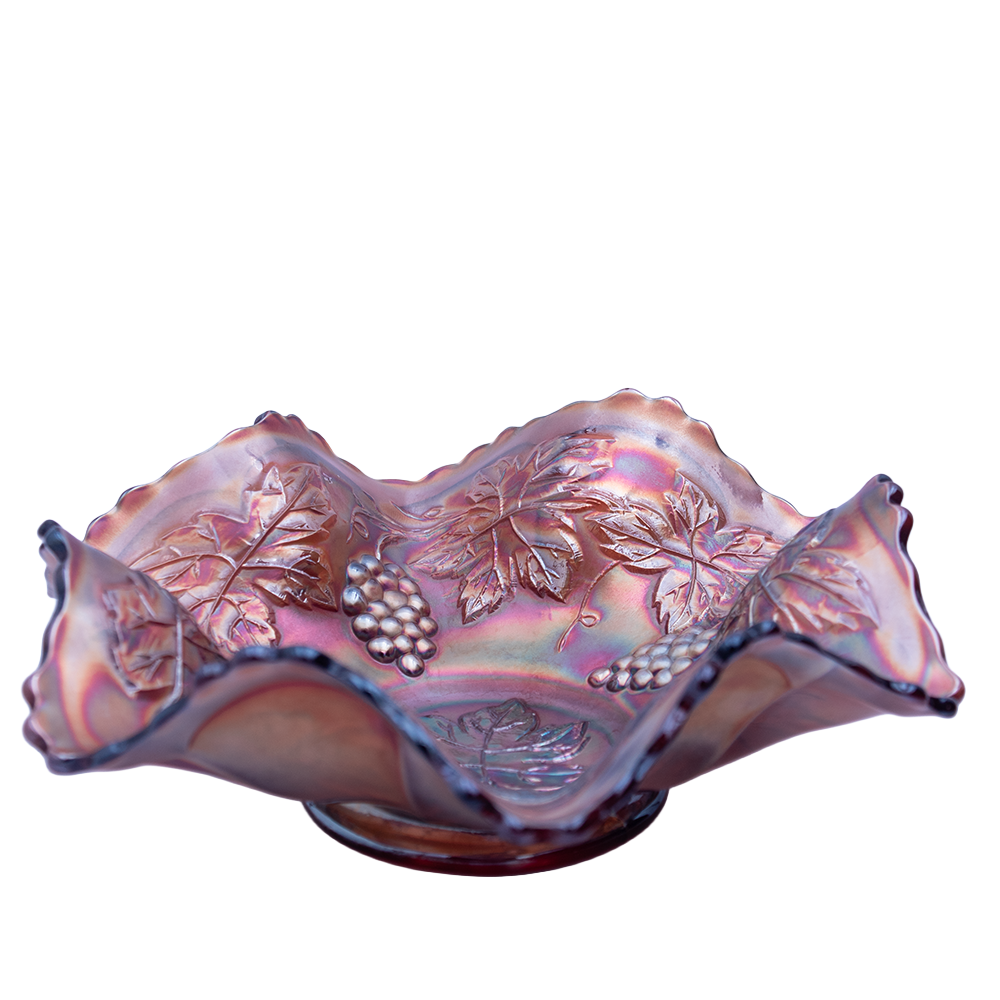Fenton Amethyst Carnival Glass Grapes & Leaves Ruffled Bowl 6"