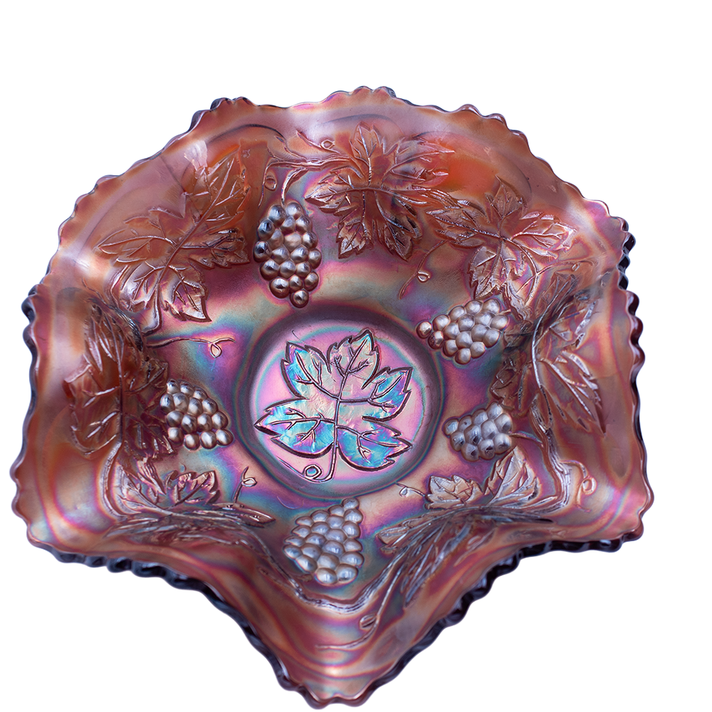 Fenton Amethyst Carnival Glass Grapes & Leaves Ruffled Bowl 6"