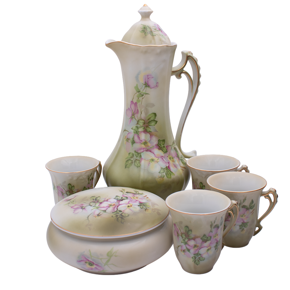 Hand‑Painted Nippon Porcelain Chocolate Pot with Dogwood Motif and Gold Accents