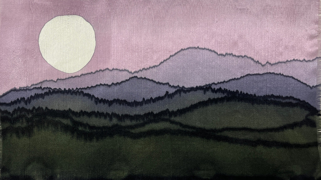 “Mountain Summer Moonrise” — Hand‑Painted Silk Wall Hanging