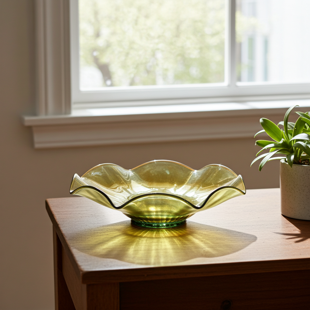 Northwood Green Opalescent Stippled Rays Ruffled Bowl – Carnival Glass