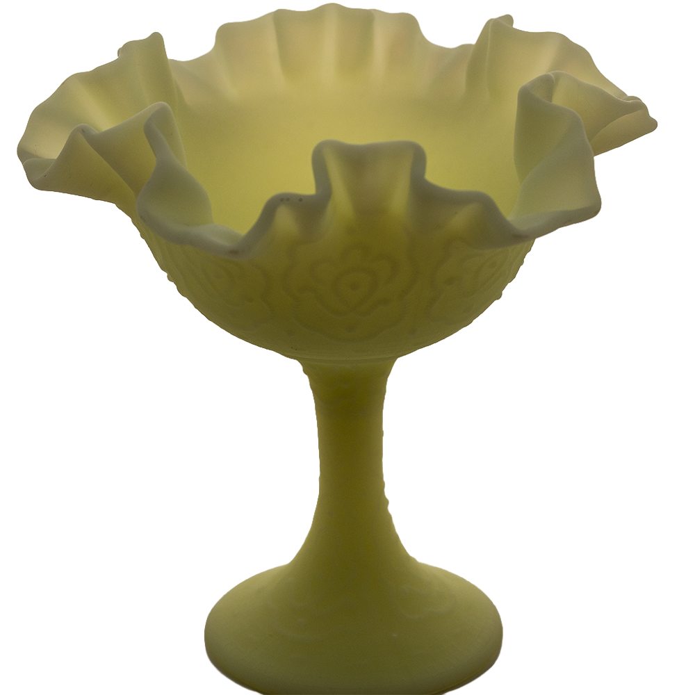 Fenton Persian Medallion Uranium Custard Satin Glass Compote 6.5"