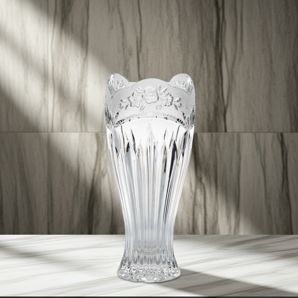 Oneida Southern Garden Cut Crystal Vase - Scalloped Rim & Floral Band