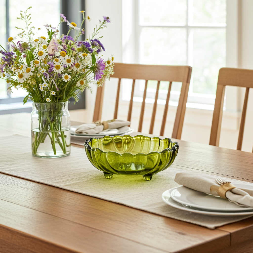 Indiana Glass Sunflower Footed Bowl - Olive Green Scalloped Rim