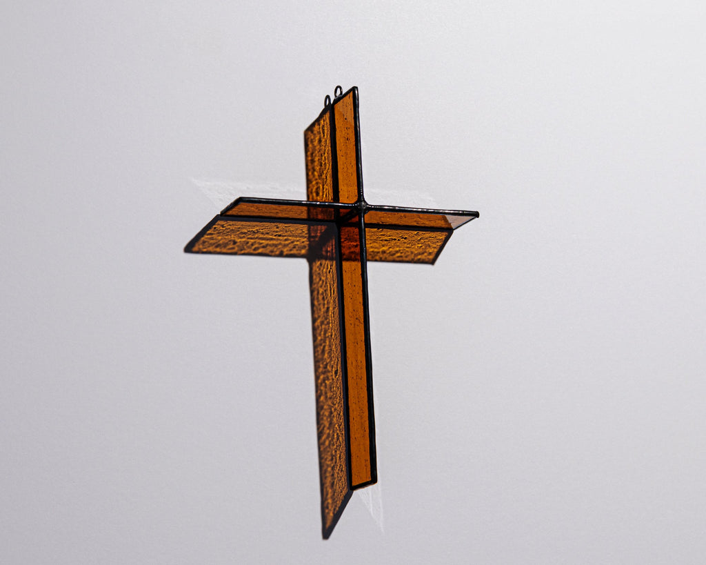 Greyhouse Glass Burnt Amber Cross Suncatcher - Handmade Stained Glass
