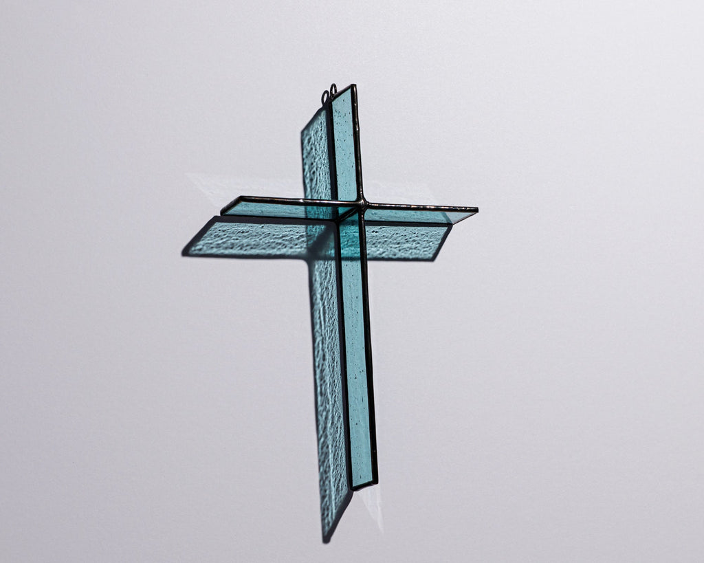 Greyhouse Glass Pale Aqua Cross Suncatcher - Handcrafted Stained Glass