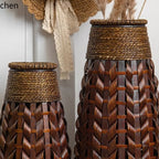 Rattan & Bamboo Glass Vase - Handwoven Natural