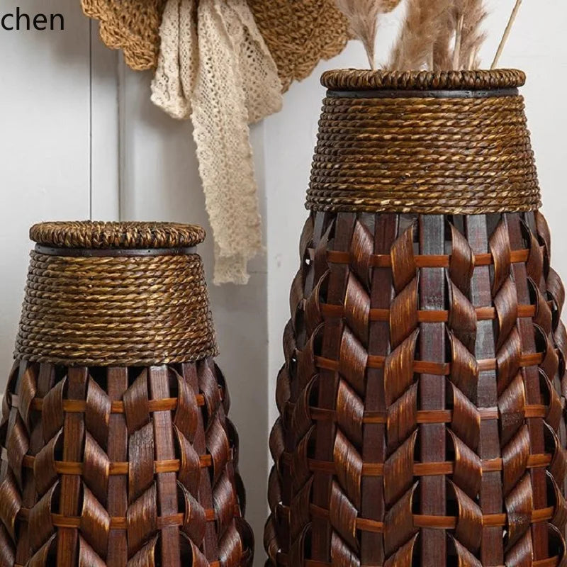 Rattan & Bamboo Glass Vase - Handwoven Natural