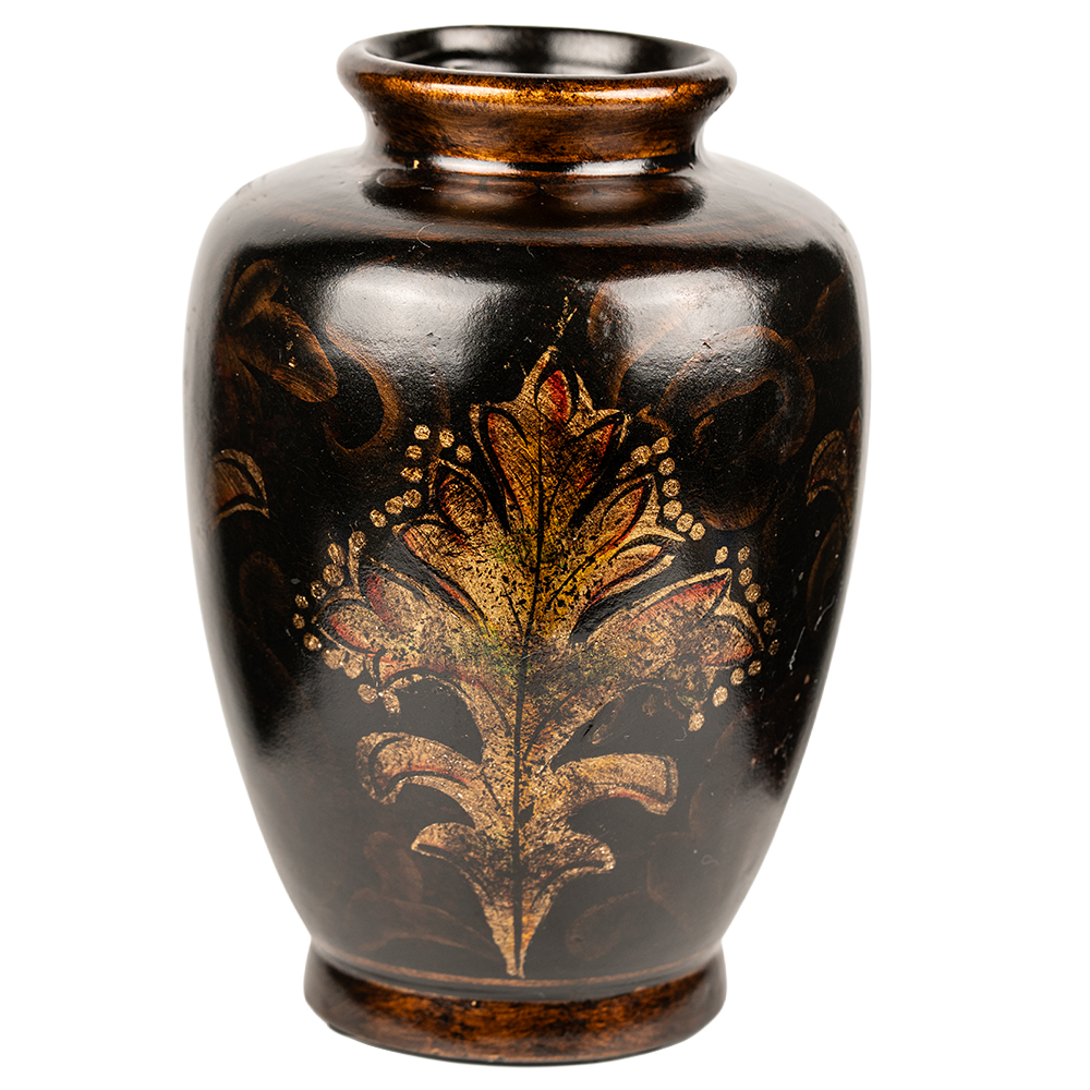 Black Ceramic Vase with Multicolor Glossy Leaf Pattern