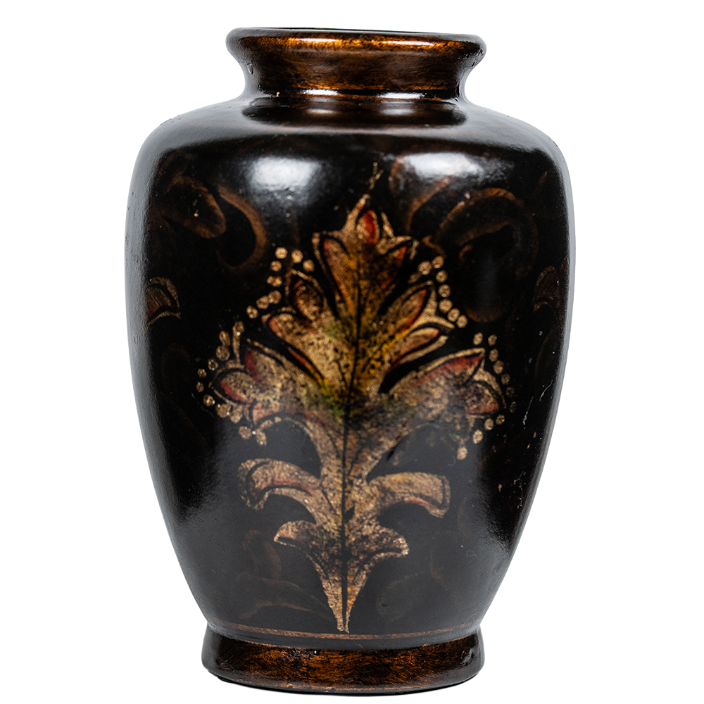 Black Ceramic Vase with Multicolor Glossy Leaf Pattern