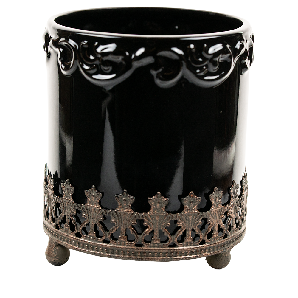 Black Glass Accent Bowl on Metal Crown Stand