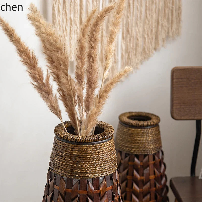 Rattan & Bamboo Glass Vase - Handwoven Natural