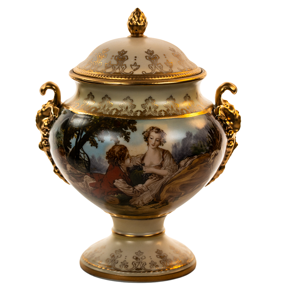Lenwile Ardalt Porcelain Lidded Urn - Rococo Pastoral & Gilt Handles