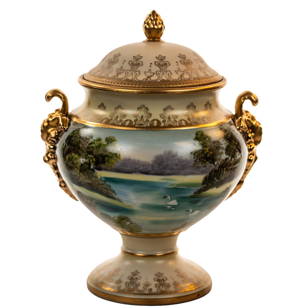 Lenwile Ardalt Porcelain Lidded Urn - Rococo Pastoral & Gilt Handles