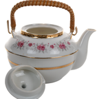 Japanese Nasco Fine China Rose Pattern Teapot with Rattan Handle