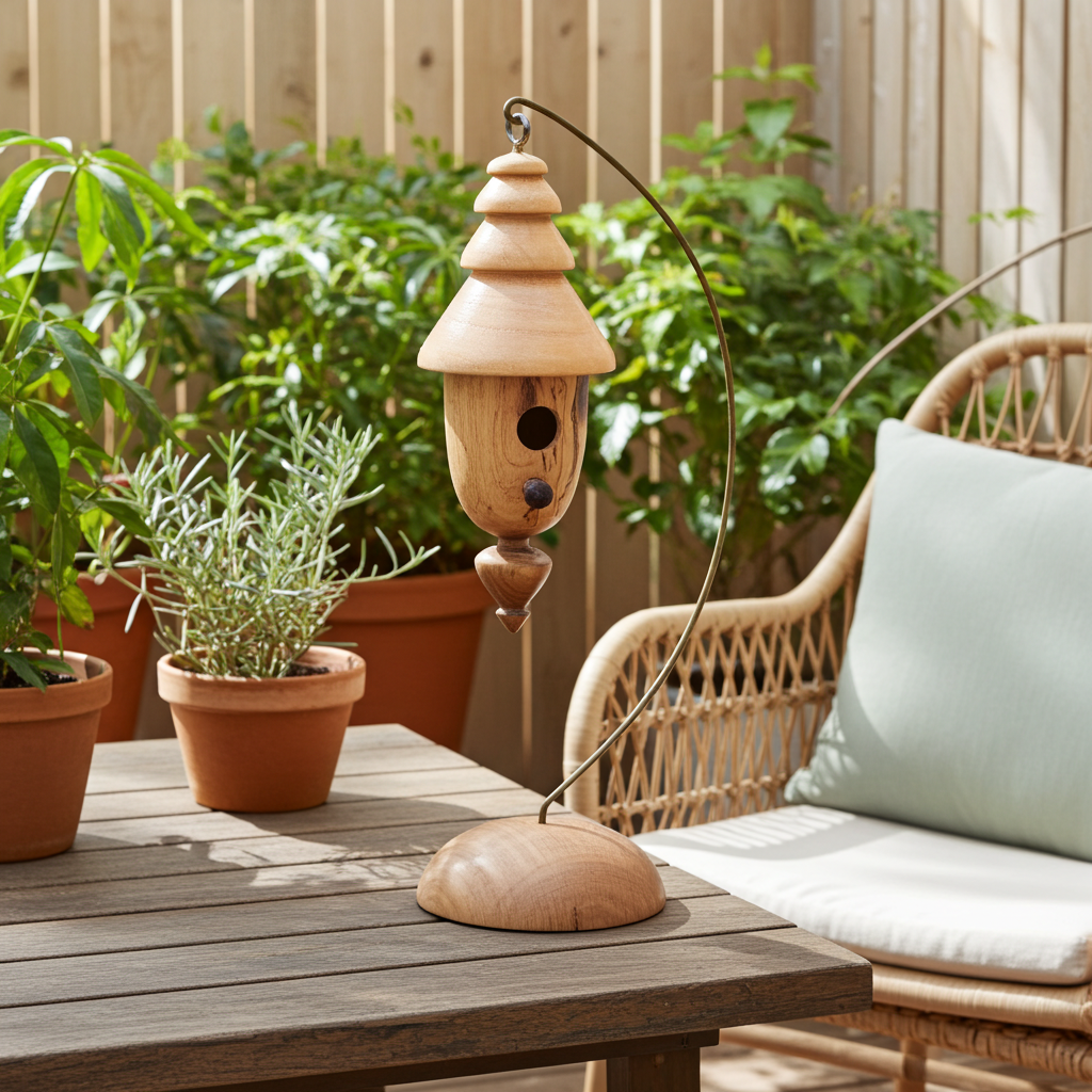 Hand‑Turned Wood Birdhouse Ornament with Stand – 13.5 in