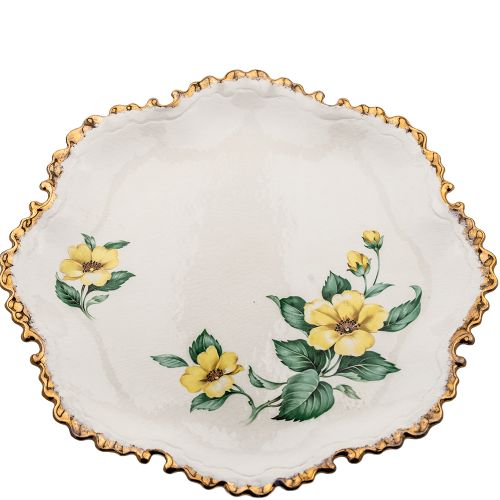 Porcelain Pedestal Cake Stand by Belle Monez – 1963 Gilded Floral Design