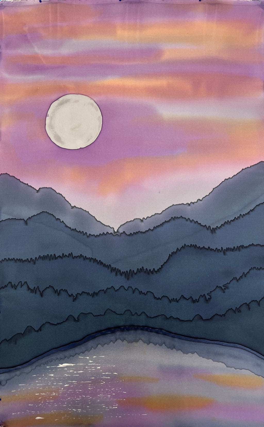 “Mountain Moonrise” — Hand‑Painted Silk Wall Hanging