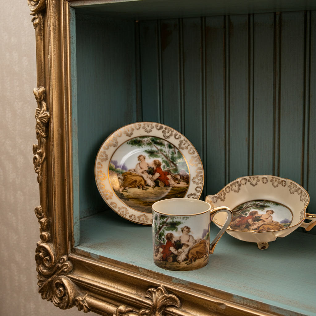 Lenwile Ardalt Porcelain Tea Cup, Saucer & Trinket Bowl – Rococo Courting Scenes