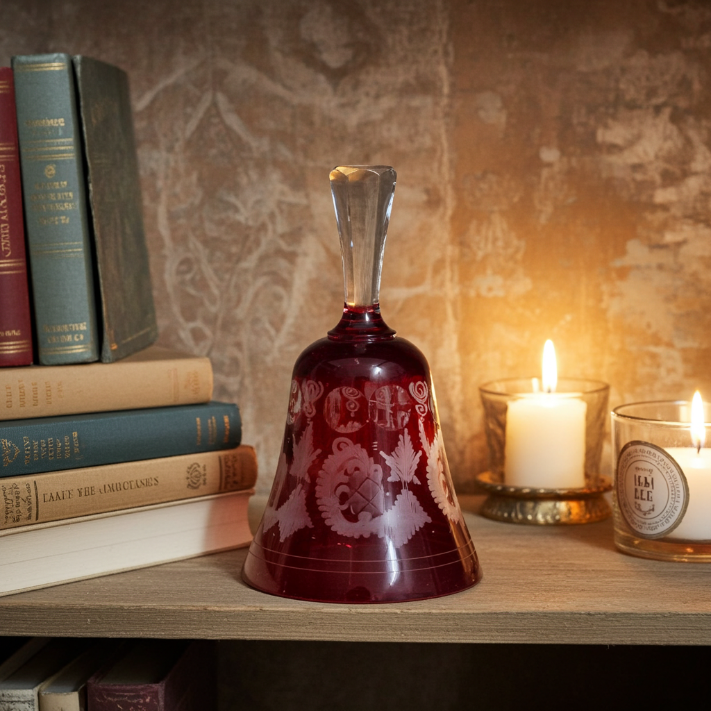 Bohemian Cut‑to‑Clear Ruby Red Glass Bell — Etched Bird, Castle, and Scroll Motifs