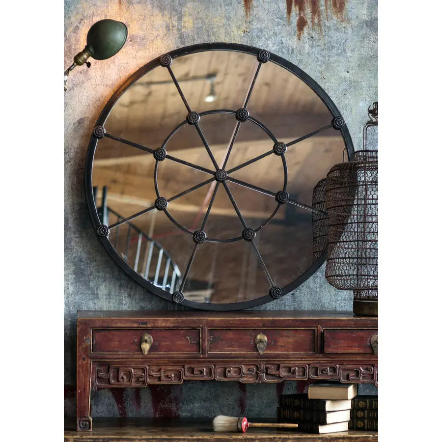 Rosette Cast Iron Mirror - Distressed Round Frame