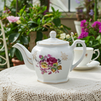 Octagonal Floral Porcelain Teapot - Gold Gilt Detail