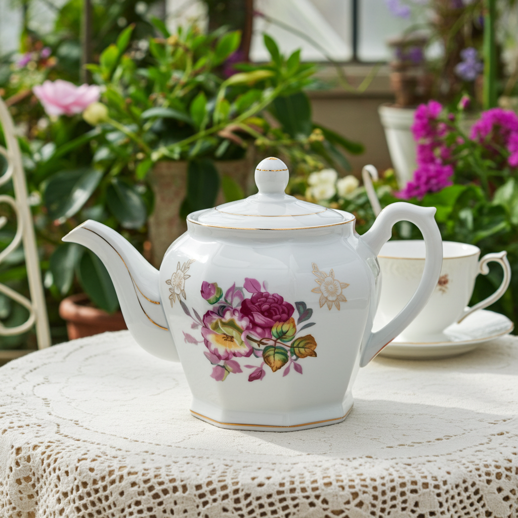 Octagonal Floral Porcelain Teapot - Gold Gilt Detail