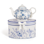 Vintage-Teekanne aus Porzellan mit blauen Blumen in Geschenkbox – florale Alltagsakzente