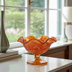Imperial Marigold Open Rose Ruffled Bowl – Carnival Glass Pedestal