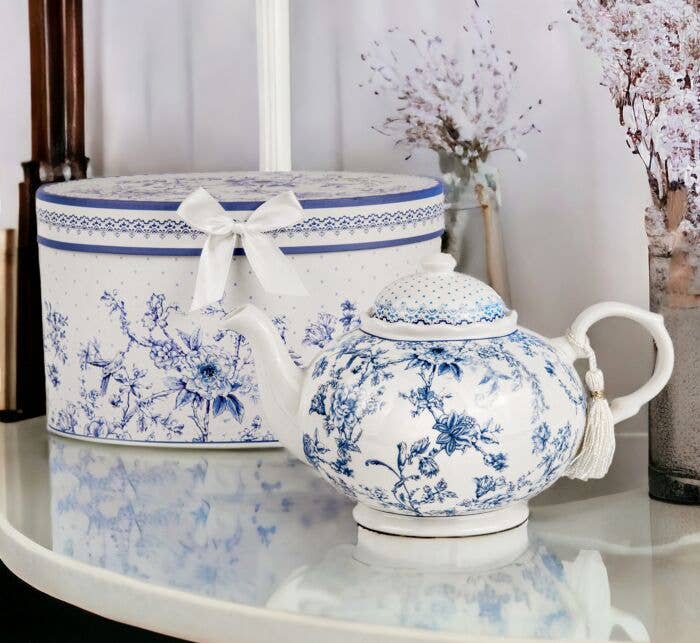 Vintage Blue Flowers Porcelain Teapot in Gift Box – Floral Everyday Accent