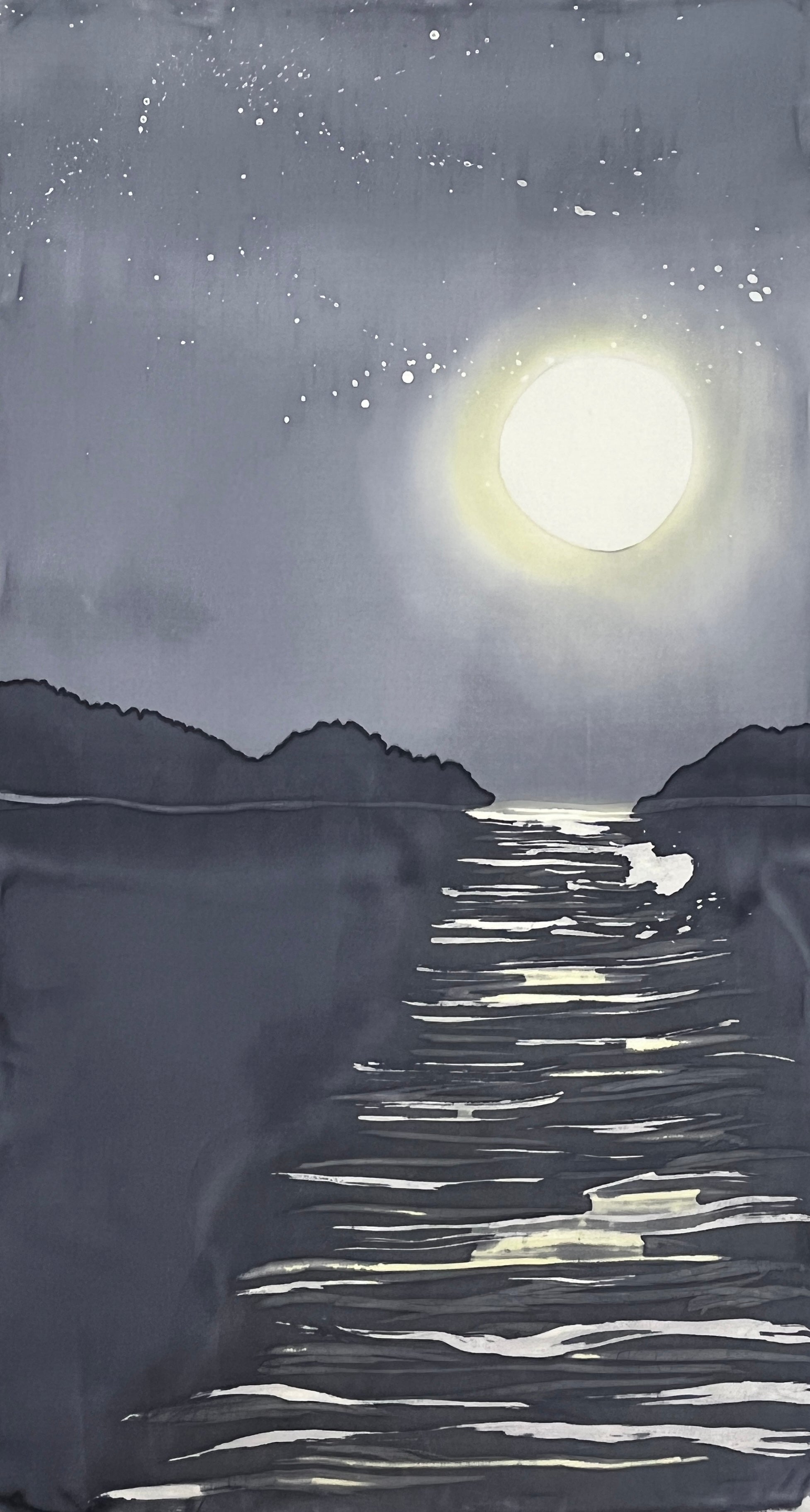 “Moonrise on the Cove” — Hand‑Painted Silk Wall Hanging