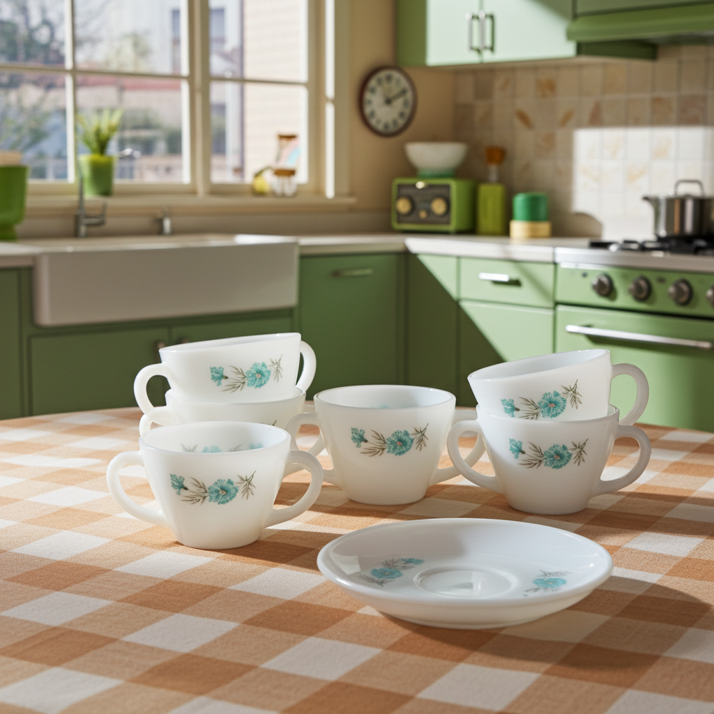 Fire‑King Bonnie Blue Milk Glass Cup and Saucer Set – Six‑Piece Floral Tea Service