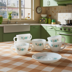 Fire‑King Bonnie Blue Milk Glass Cup and Saucer Set – Six‑Piece Floral Tea Service