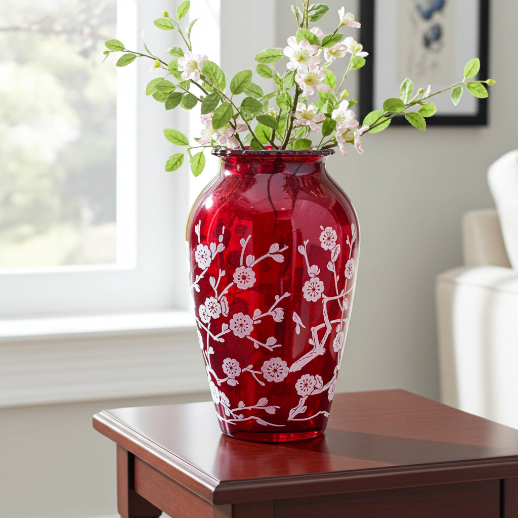 Anchor Hocking Royal Ruby Vase with Etched Bird & Blossom — 9"