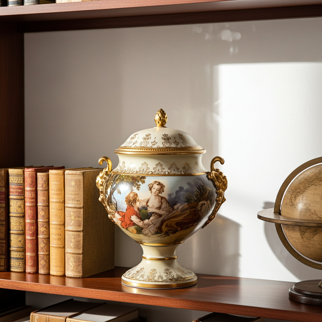 Lenwile Ardalt Porcelain Lidded Urn - Rococo Pastoral & Gilt Handles