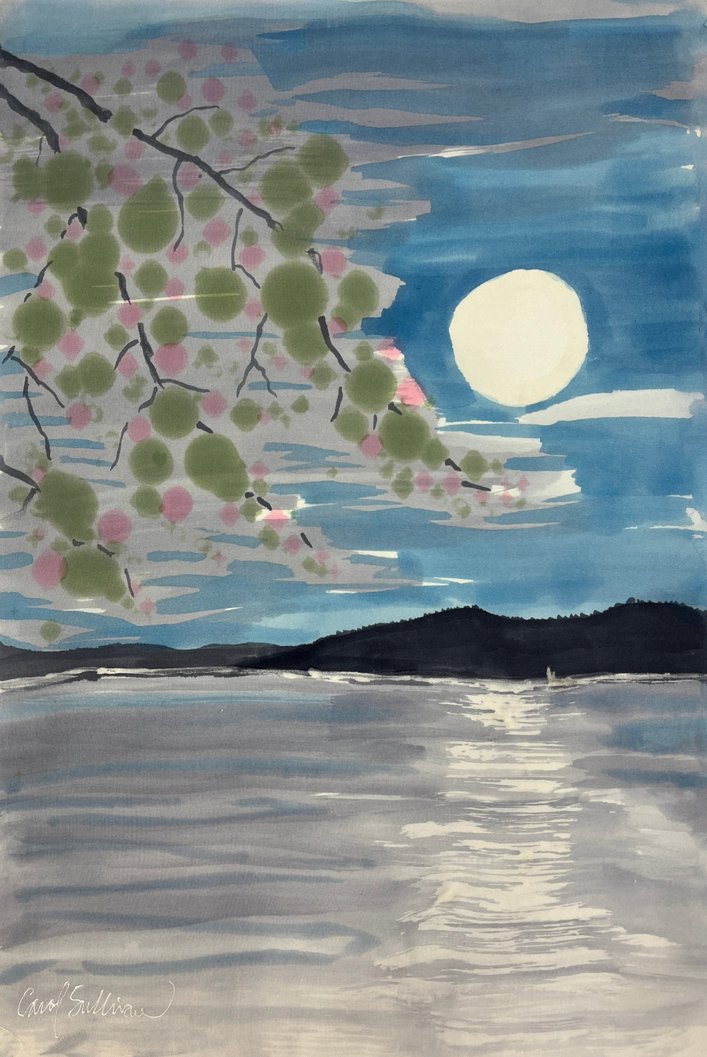“Cherry Blossom Moon” — Hand‑Painted Silk Wall Hanging