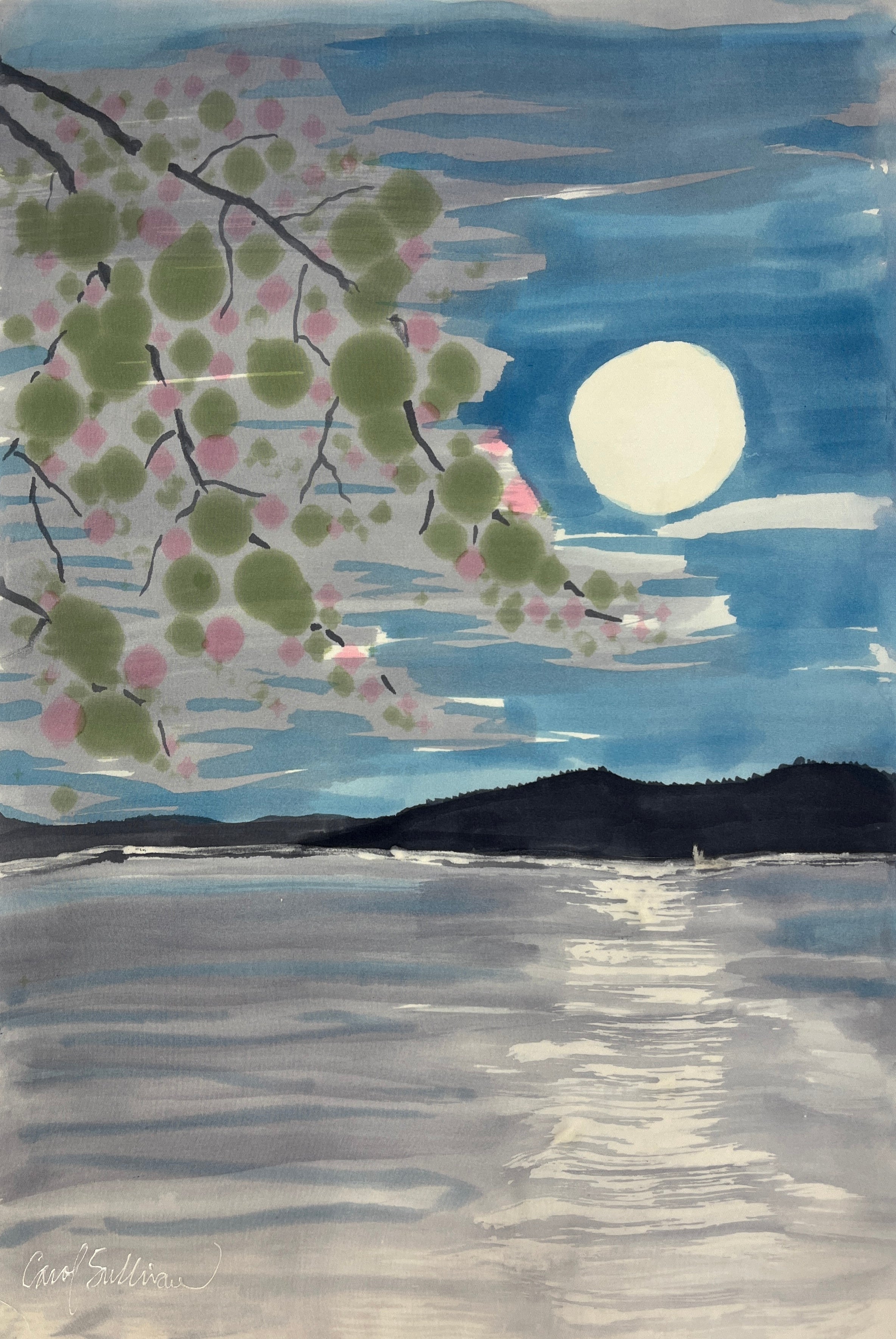 “Cherry Blossom Moon” — Hand‑Painted Silk Wall Hanging