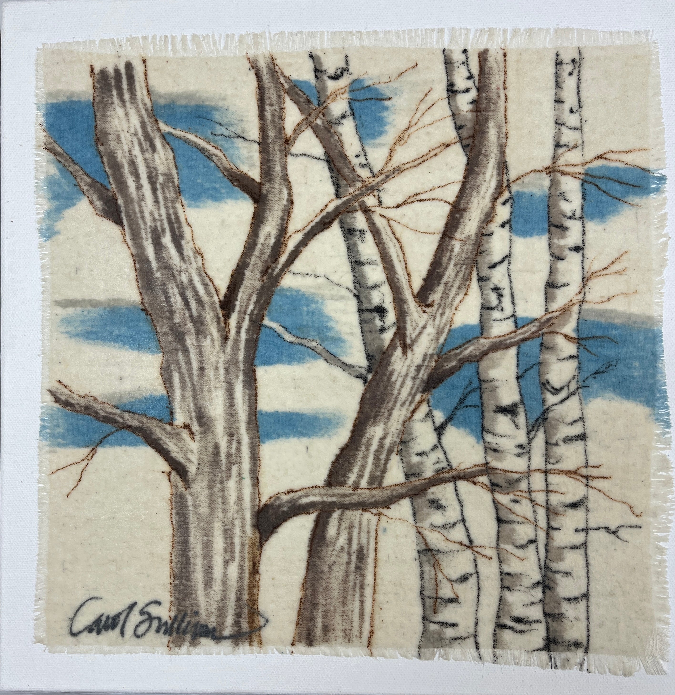 "Winter Birch and Maple" - Painting on Raw Silk