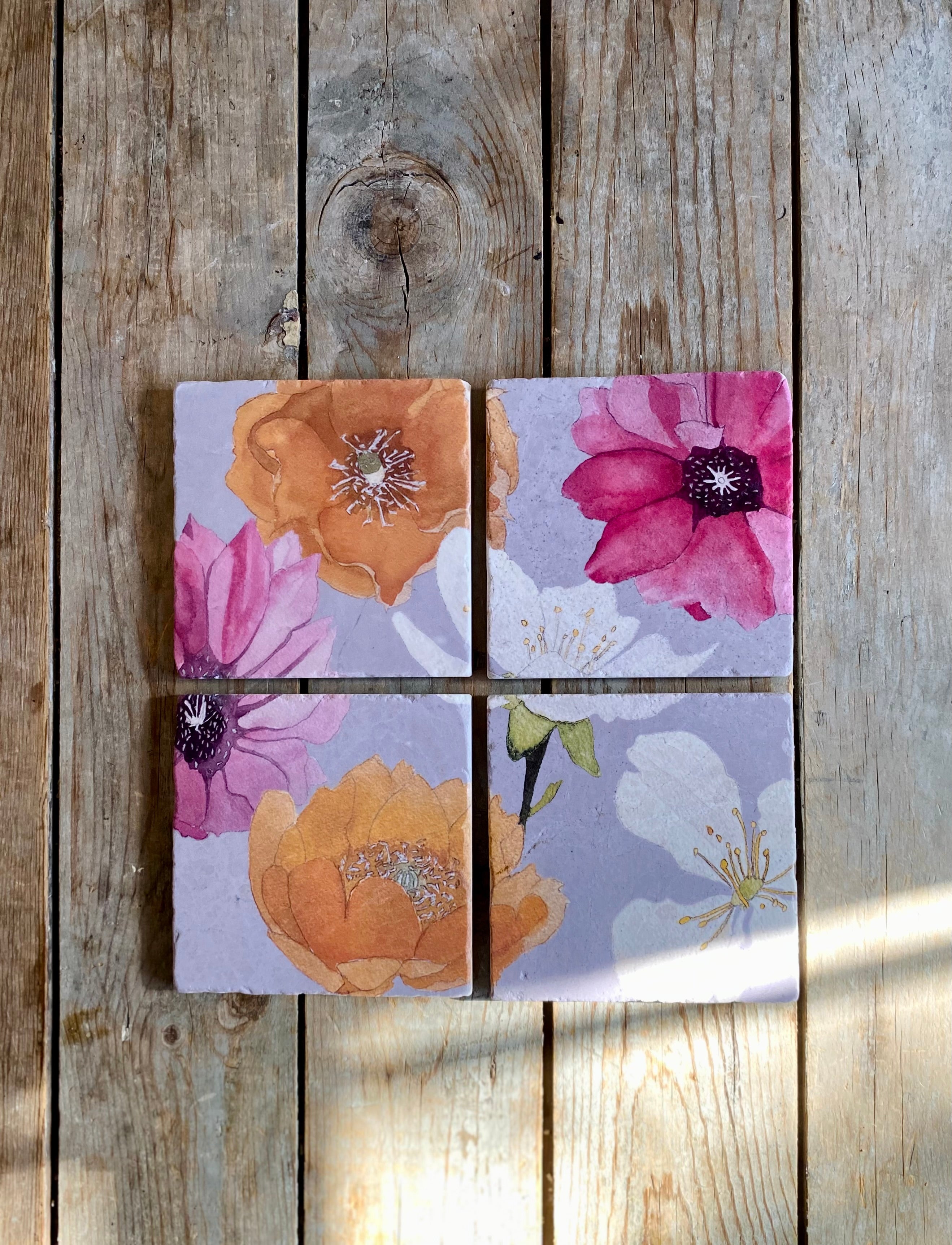 Coaster Set: Cactus Flowers on Grey