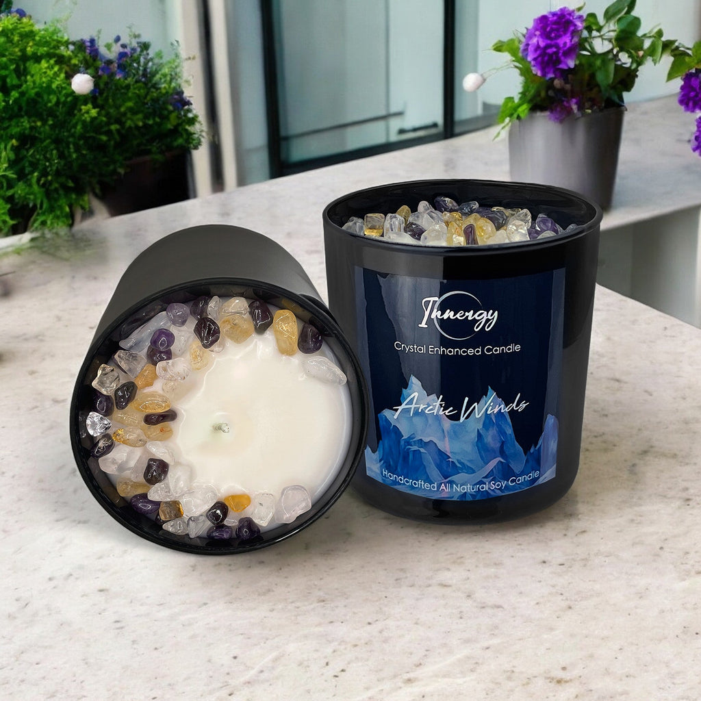 Bougie Cristalline Vents Arctiques avec Citrine, Améthyste et Cristal de Roche | Bougie en Cire de Coco-Soja, 255g