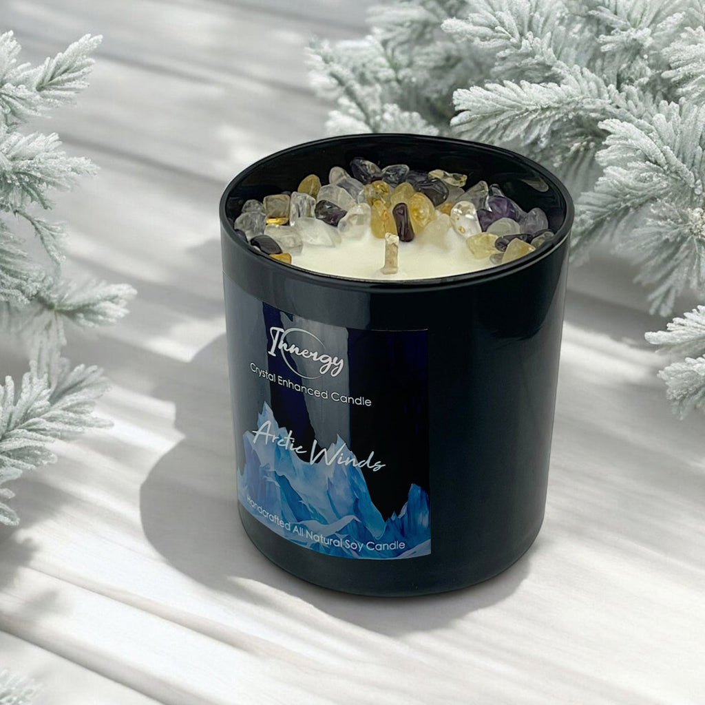 Bougie Cristalline Vents Arctiques avec Citrine, Améthyste et Cristal de Roche | Bougie en Cire de Coco-Soja, 255g