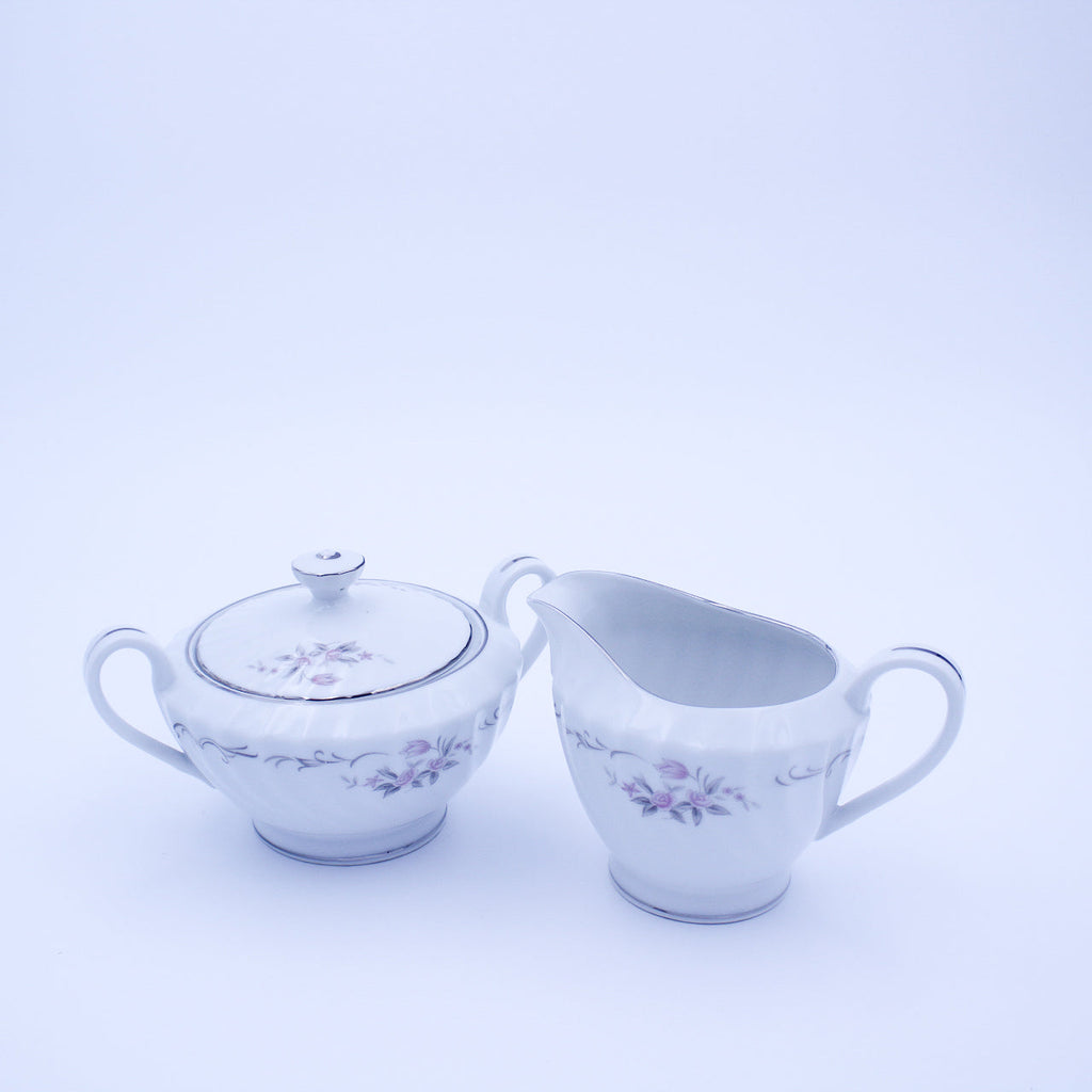 Gold Standard GST1 Porcelain Sugar Creamer – Pink Rosebud Silver Edge Vintage