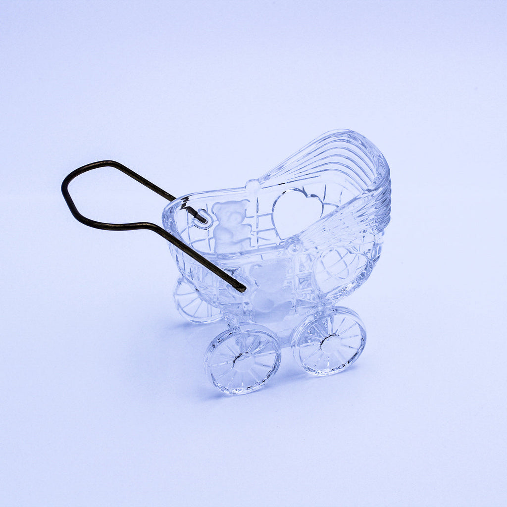 Crystal Glass Baby Carriage w/ Brass Handle, Bear & Heart Motif